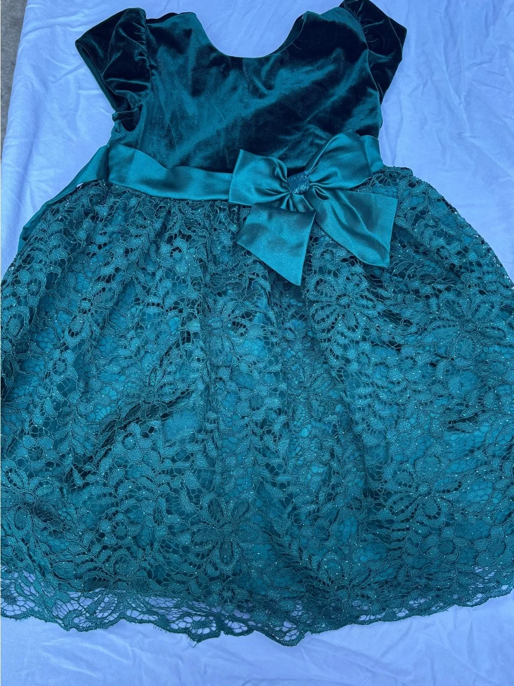 Jona Michelle Teal Velvet & Lace Party Dress with Satin Bow